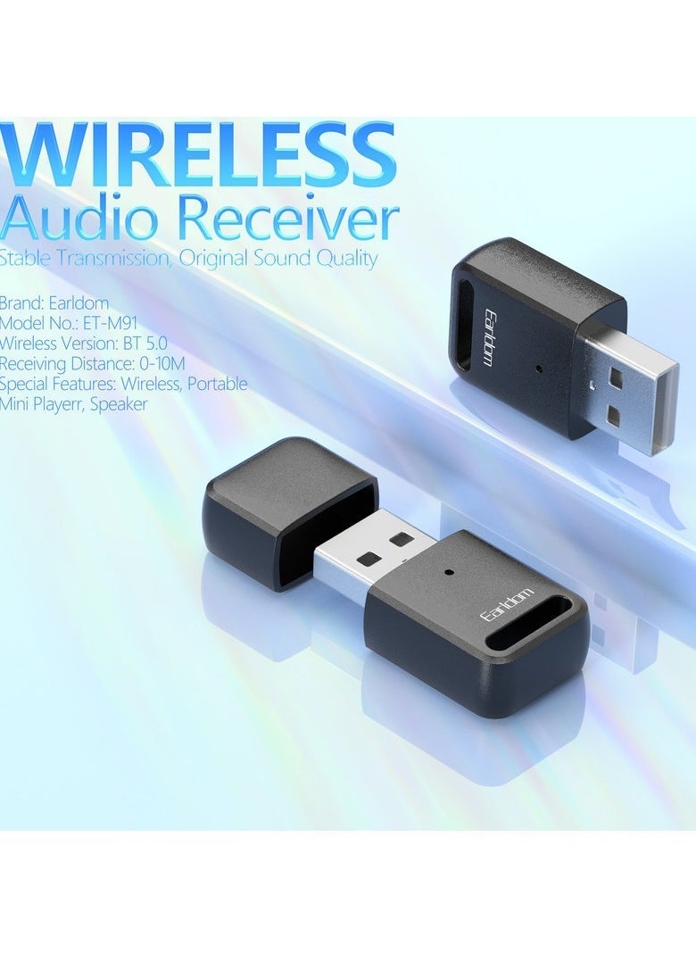 Earldom Bluetooth v5.0 to USB Audio Receiver Adapter – Wireless Audio Streaming Dongle for Car Stereo, PC, Laptop, Speaker & Home Sound System | Plug & Play, Low Latency, High-Fidelity Sound – Black - Image 2