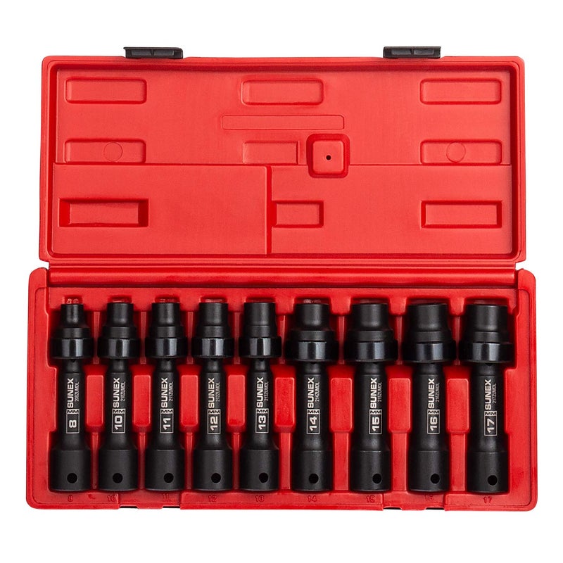 SUNEX TOOLS 2695 Inch Drive Driveline Limited Clearance Socket Set 12Point 9Piece Metric 8mm17mm CrMo Steel Heavy Duty Storage Case