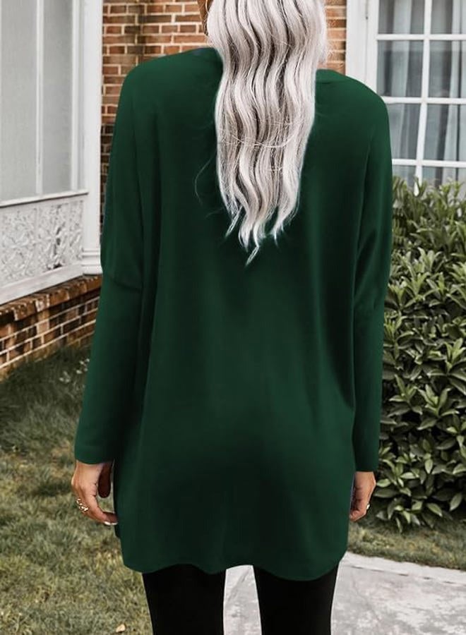 Poetsky Fall Womens Tunic or Tops to Wear with Leggings Long Sleeve Casual Long Shirts with Pockets, Forest Green, L - Image 2