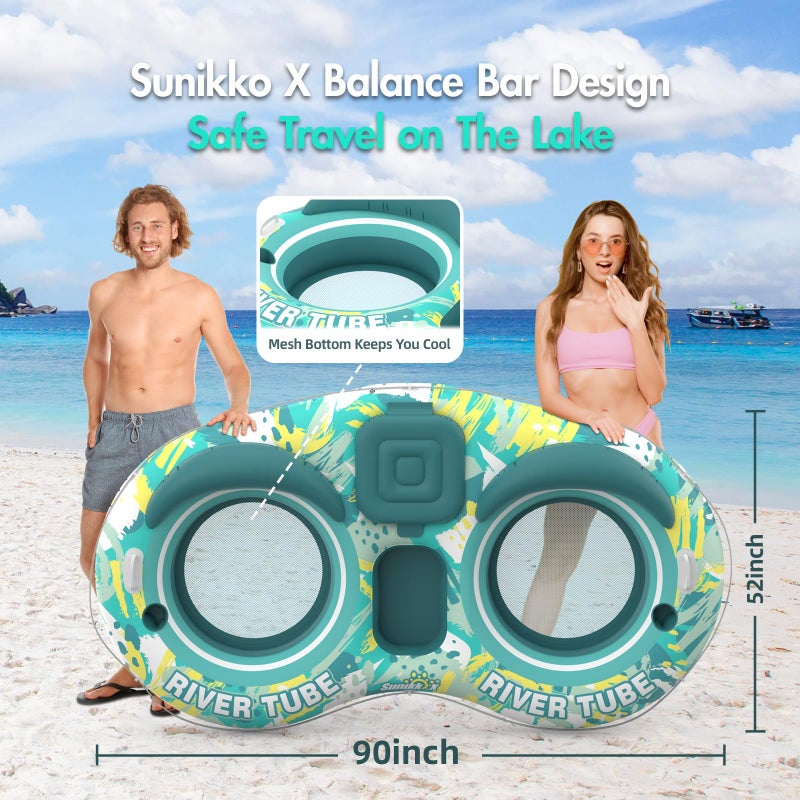 Sunikko X 5-in-1 Pool Floats Adult Heavy Duty River Tube, 2 Person Water Lounge with Backrests, Built-in Cooler, Cup Holders, Deluxe Pool Float for Summer Relaxation - Image 4