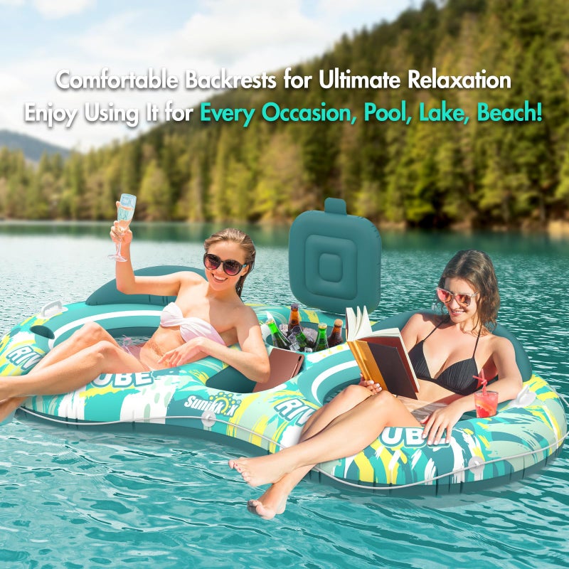 Sunikko X 5-in-1 Pool Floats Adult Heavy Duty River Tube, 2 Person Water Lounge with Backrests, Built-in Cooler, Cup Holders, Deluxe Pool Float for Summer Relaxation - Image 5