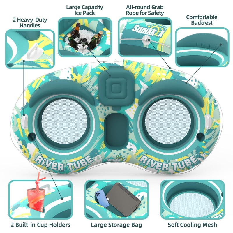 Sunikko X 5-in-1 Pool Floats Adult Heavy Duty River Tube, 2 Person Water Lounge with Backrests, Built-in Cooler, Cup Holders, Deluxe Pool Float for Summer Relaxation - Image 3