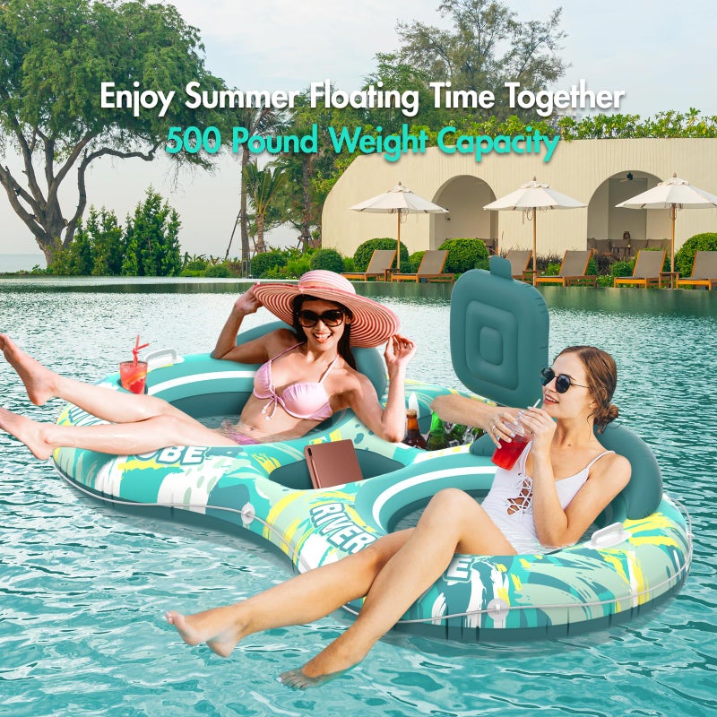 Sunikko X 5-in-1 Pool Floats Adult Heavy Duty River Tube, 2 Person Water Lounge with Backrests, Built-in Cooler, Cup Holders, Deluxe Pool Float for Summer Relaxation - Image 2