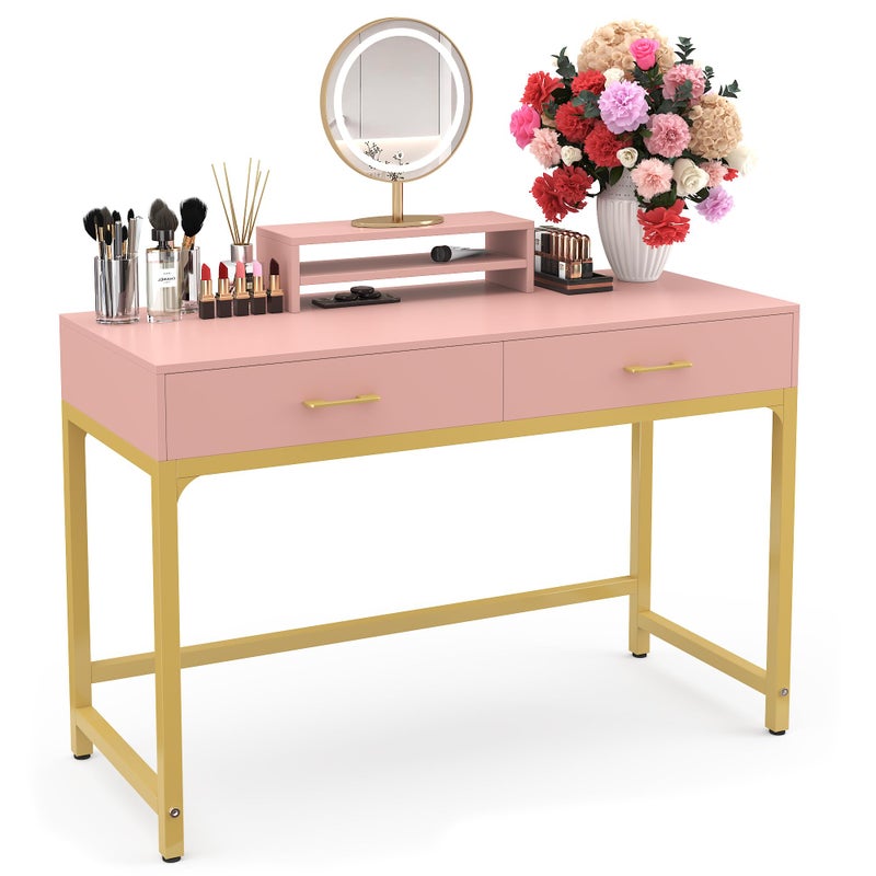 WESTREE Women Makeup Vanity Desk with 2 Drawers  Bedroom Home Office Desk Wooden Height Monitor Stand  Storage Shelf Without Mirror Pink Table Great Gift for Her