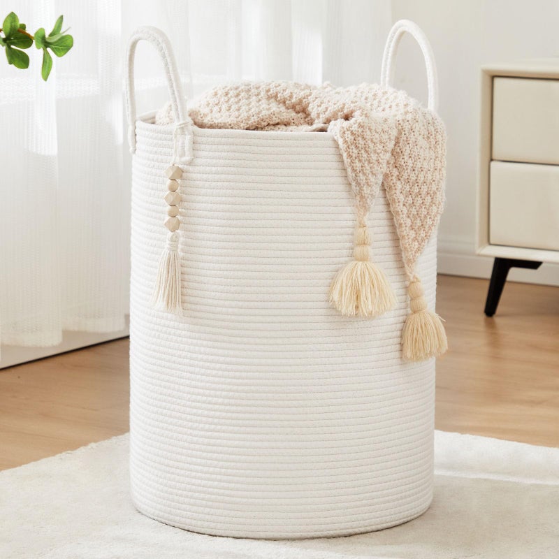 Fiona's magic Woven Rope Laundry Hamper, Tall Laundry Basket for Blanket Storage, Large Dirty Clothes Hamper for Toys, Decorative Baby Nursery Hamper for Bedroom, Living Room - White, 58L - Image 1