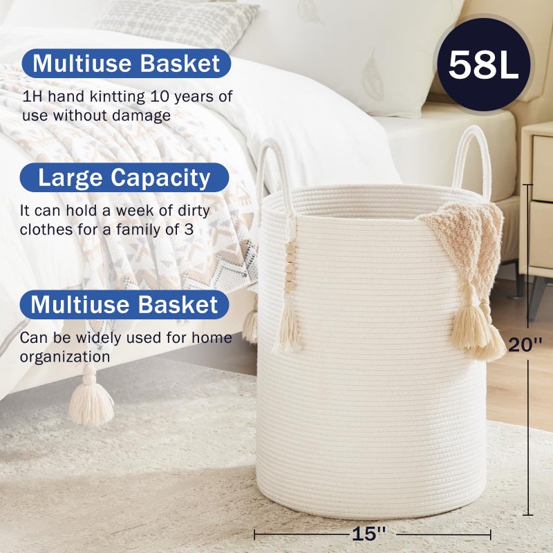 Fiona's magic Woven Rope Laundry Hamper, Tall Laundry Basket for Blanket Storage, Large Dirty Clothes Hamper for Toys, Decorative Baby Nursery Hamper for Bedroom, Living Room - White, 58L - Image 5