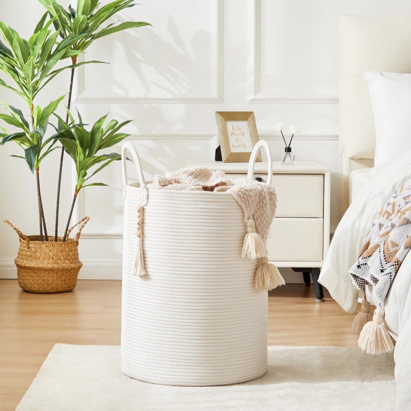 Fiona's magic Woven Rope Laundry Hamper, Tall Laundry Basket for Blanket Storage, Large Dirty Clothes Hamper for Toys, Decorative Baby Nursery Hamper for Bedroom, Living Room - White, 58L - Image 2