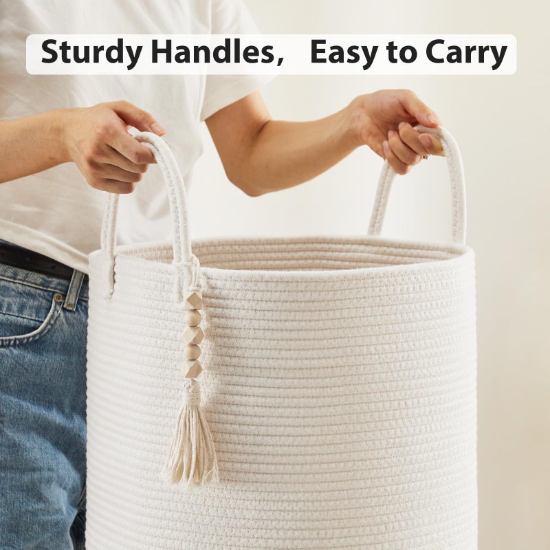 Fiona's magic Woven Rope Laundry Hamper, Tall Laundry Basket for Blanket Storage, Large Dirty Clothes Hamper for Toys, Decorative Baby Nursery Hamper for Bedroom, Living Room - White, 58L - Image 4