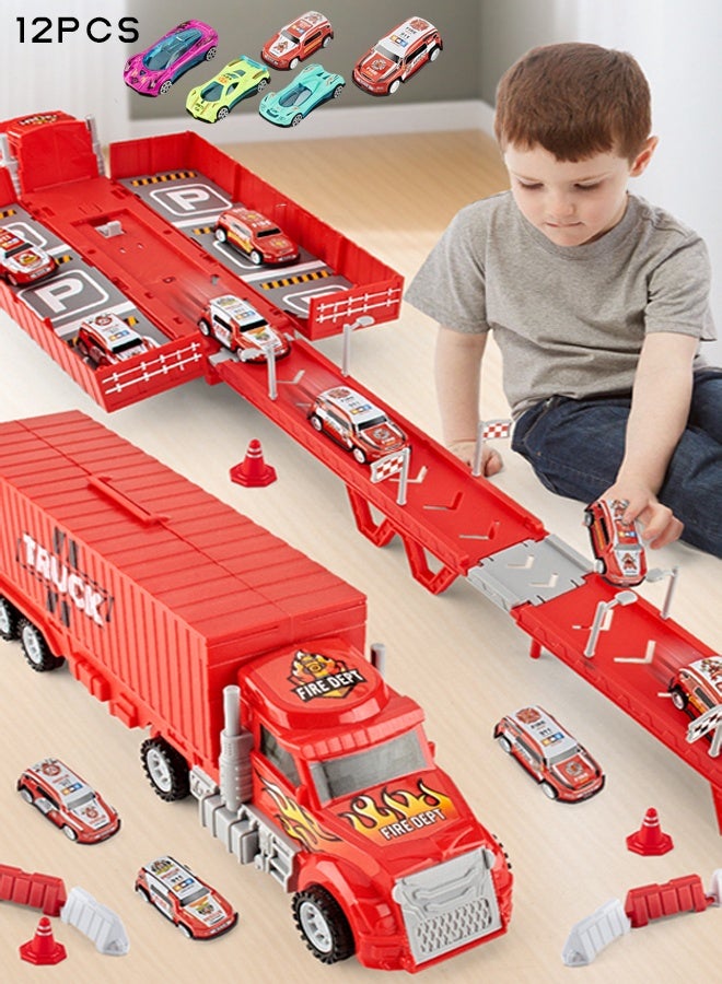 Race Car Track Toy Truck Toy with Slots & Foldable Race Tracks Transport Car Carrier Toy for Toddlers Cars Toy Set Container Truck Toy with 12 Alloy Cars Vehicles Toy Set for 3+ Kids Boys Girls - Image 1