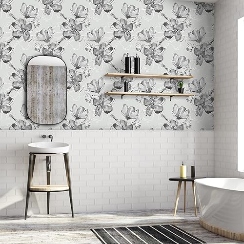 VaryStyle 177x118 Ink Floral Wallpaper GreyWhite Floral Peel and Stick Wallpaper Vintage Neutral Watercolor Grey Contact Paper for Cabinets Walls Removable Mural Wall Paper for Bedroom Bathroom - Image 3