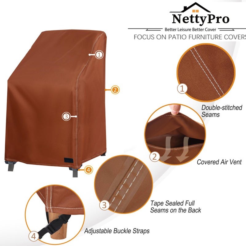 NettyPro Stackable Chair Covers 2 Pack Waterproof Outdoor Stack Chairs Cover Patio Furniture Stacking Chair Covers, Fits for 4-6 Stackable Dining High Back Chairs, 28 W x 35 D x 45 H inch, Brown - Image 5