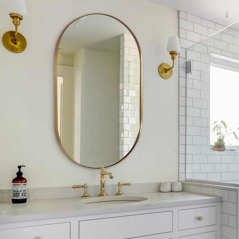 ANDY STAR Gold Oval Mirror Brass Mirror for Wall Oval Mirrors for Bathroom in Stainless Steel Metal 1 Thin Frame Pill Shaped Mirror Hangs Vertical or Horizontal Ideal for Limited Space