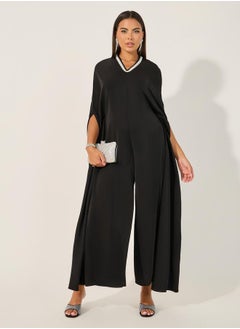 Styli Embellished V Neck Wide Leg Cape Jumpsuit  - Image 2