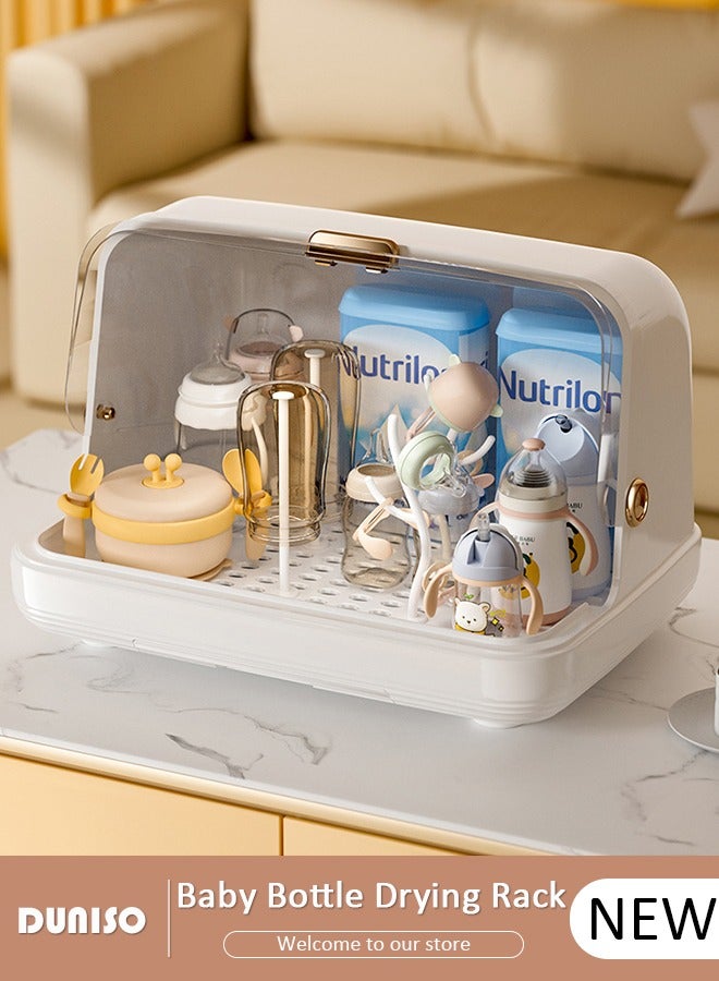 DUNISO Baby Bottle Drying Rack, Vertical Baby Bottle Storage with Anti-dust Cover and Detachable Bracket, Tableware Drying Rack with Pull-Out Drain Board, Portable Kitchen Cabinet Organizer with Haft, Cup Storage Box for Home Kitchen - Image 1