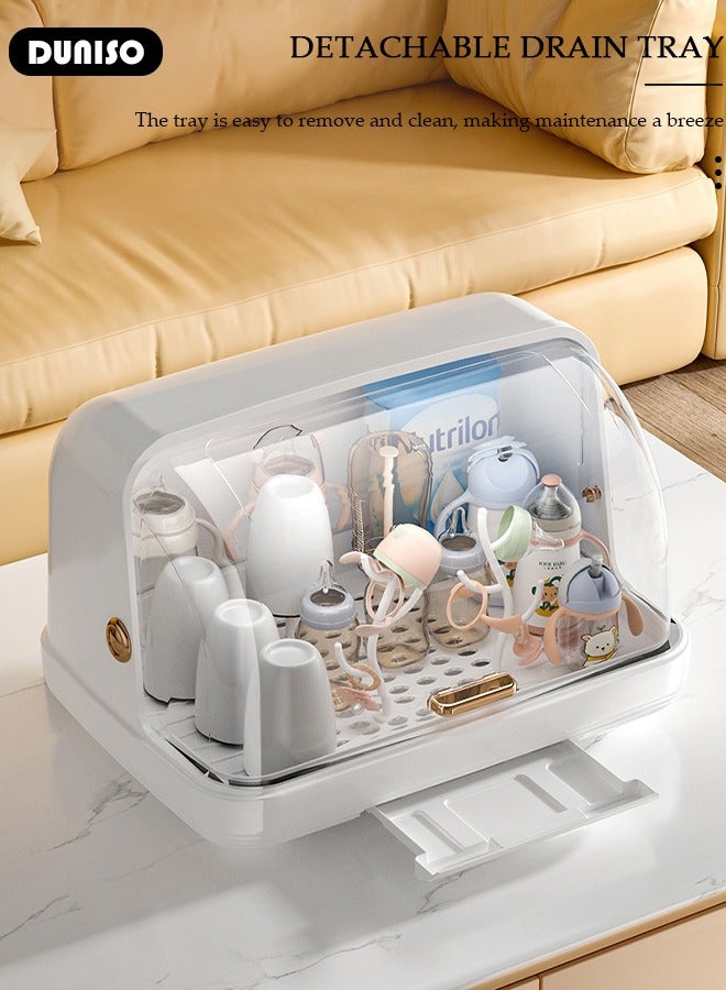 DUNISO Baby Bottle Drying Rack, Vertical Baby Bottle Storage with Anti-dust Cover and Detachable Bracket, Tableware Drying Rack with Pull-Out Drain Board, Portable Kitchen Cabinet Organizer with Haft, Cup Storage Box for Home Kitchen - Image 2