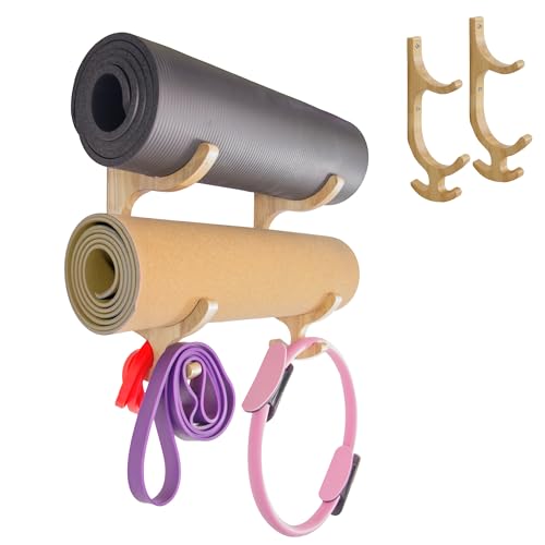 Tapeera Wooden Yoga Mat Holder Wall Mount Yoga Mat Storage Rack Home Gym Equipment Storage Organizer Resistance Band Wall Mount Home Gym Accessories Wall Rack Workout Storage Organizer - Image 1