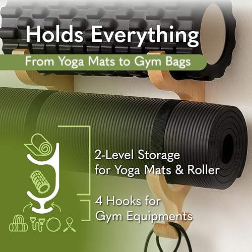 Tapeera Wooden Yoga Mat Holder Wall Mount Yoga Mat Storage Rack Home Gym Equipment Storage Organizer Resistance Band Wall Mount Home Gym Accessories Wall Rack Workout Storage Organizer - Image 3