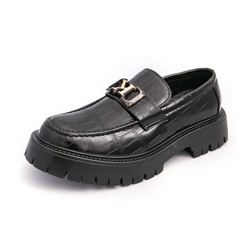 Big Toe Shoes Thick Sole Heightening Casual Leather Shoes 2025 Round Toe Shoes Crocodile Pattern Dating Wedding Trend - Image 1