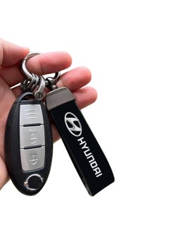 HYUNDAI Premium Stylish Leather Strap Car Keychain with Retractable Metal Clip and Metal Ring - Black - HYUNDAI  - Image 2