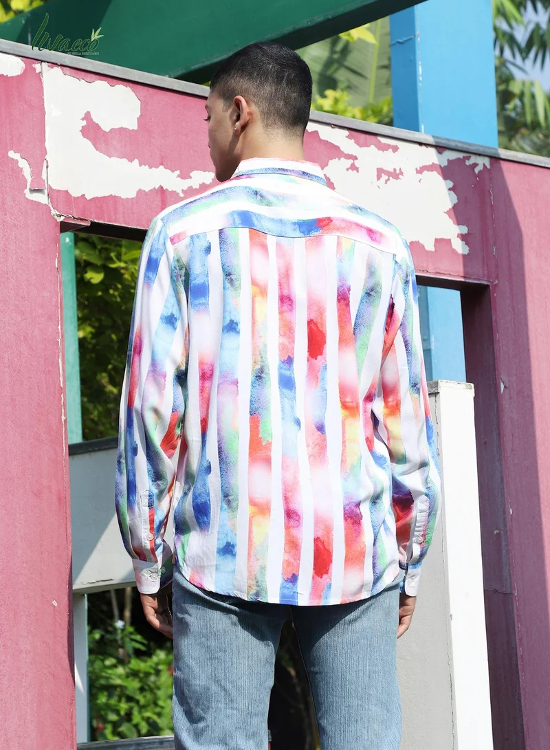 Campus Sutra Men's EcoLiva White Tie Dye Striped Shirt