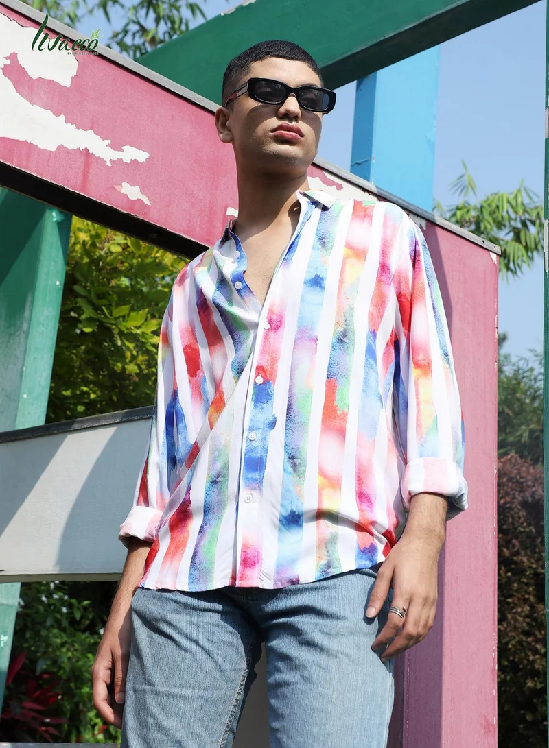 Campus Sutra Men's EcoLiva White Tie Dye Striped Shirt