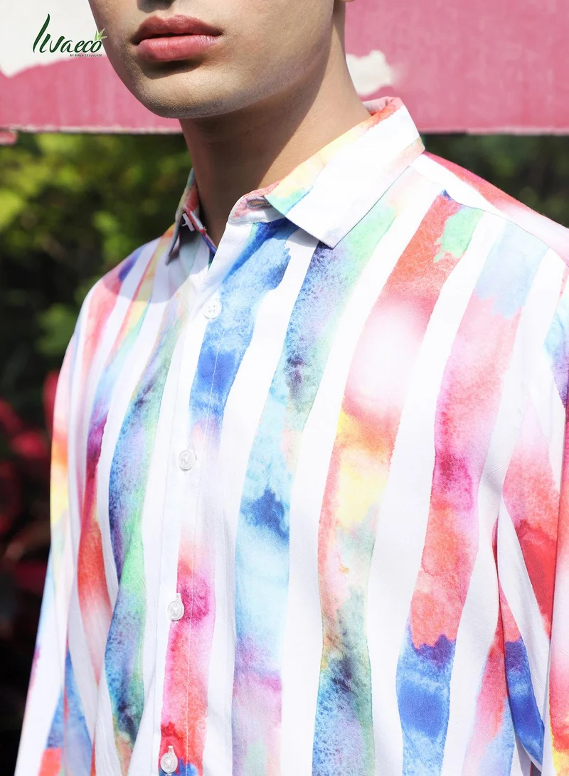 Campus Sutra Men's EcoLiva White Tie Dye Striped Shirt