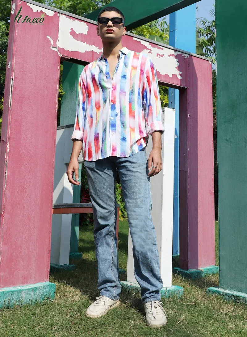 Campus Sutra Men's EcoLiva White Tie Dye Striped Shirt