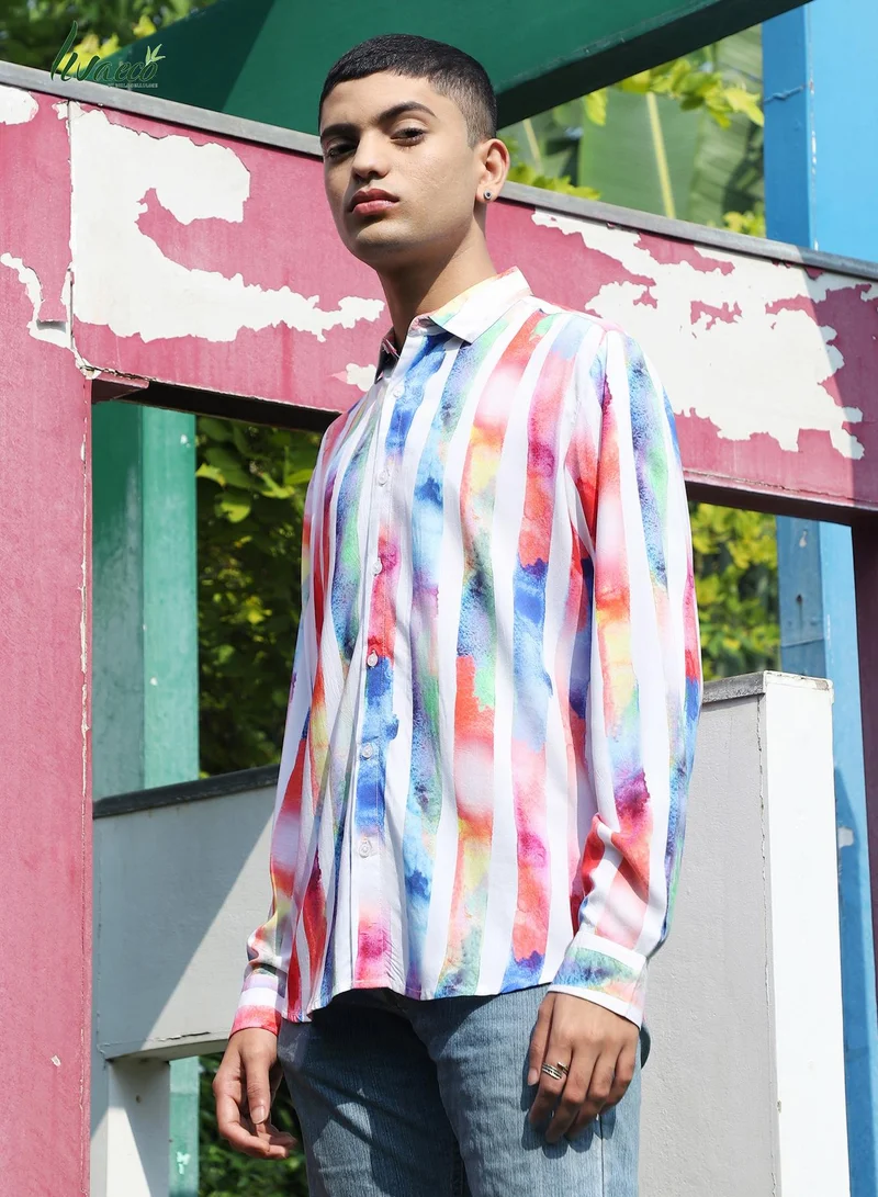 Campus Sutra Men's EcoLiva White Tie Dye Striped Shirt