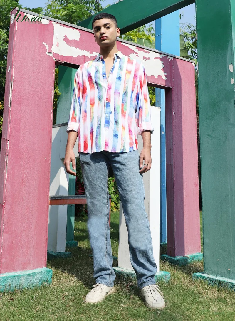 Campus Sutra Men's EcoLiva White Tie Dye Striped Shirt
