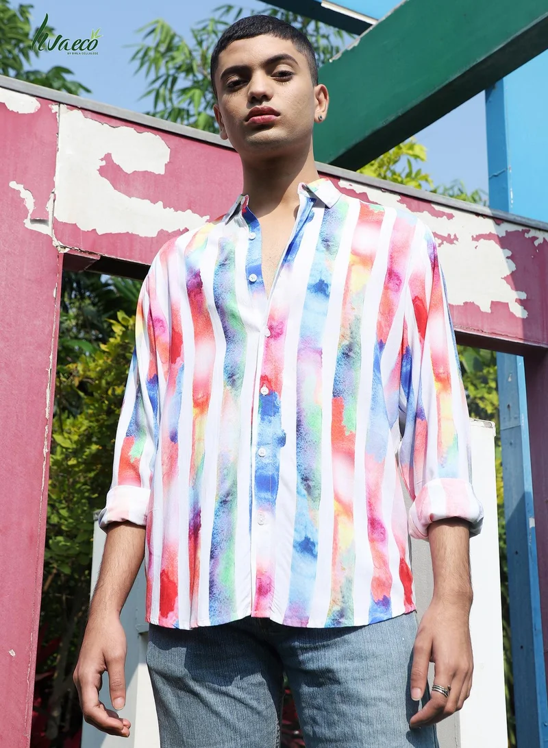 Campus Sutra Men's EcoLiva White Tie Dye Striped Shirt
