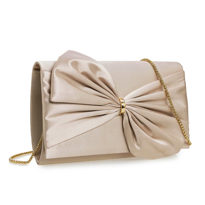 CHARMING TAILOR Satin Bow Formal Bag Women Evening Purse Elegant Clutch Handbag Wedding/Prom/Party (Champagne) - Image 1
