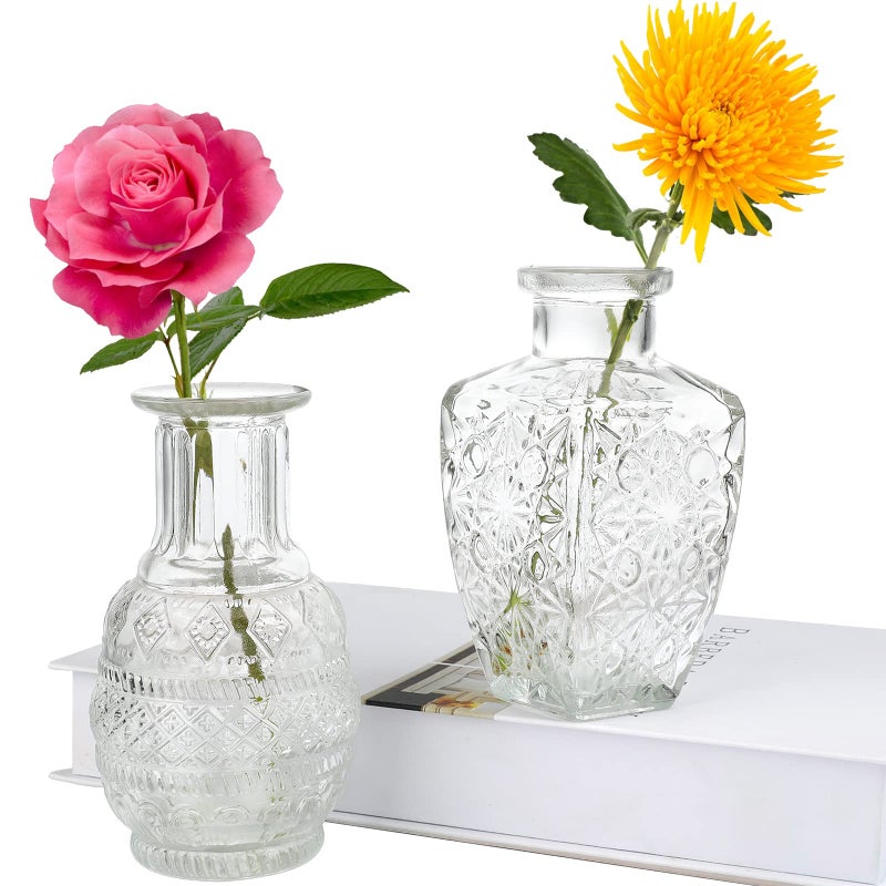 INFTYLE Glass Vase Bud In Bulk Set Of 2 Vintage Flower Bottle Small Bud Vases For Floral Arrangements Home Decor Wedding Centerpiece Table Decor Decorative Centerpiece Dinning(Set Of 2) - Image 1