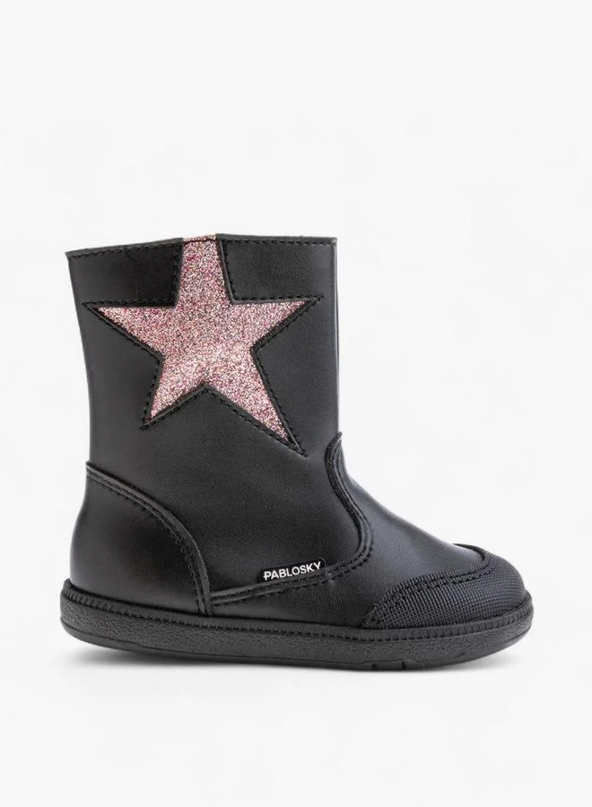 Pablosky Girls Glitter Star Applique Hook and Loop Ankle Length Boots