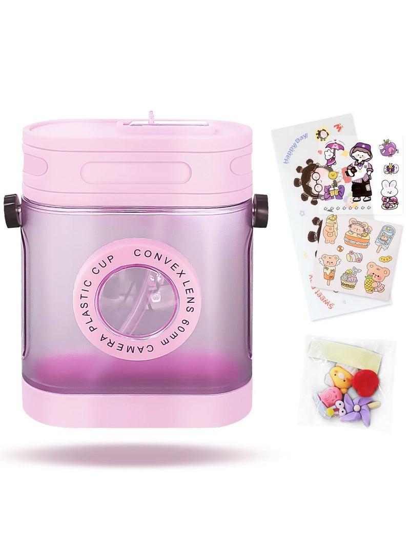 KASTWAVE Kawaii Water Bottle, Retro Camera Water Bottle with Straw and BPA-Free Plastic Lovely Adult 450ml Water Bottles Drinking Cups for Travel, Gifts from Daughter and Son - Image 1