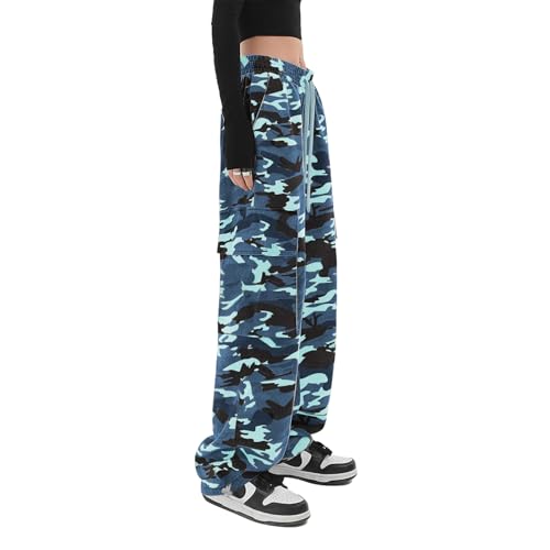 SESERAGI Cargo Pants Women Baggy Streetwear Y2K Drawstring Trousers Wide Leg Pants Camo Blue XL - Image 2