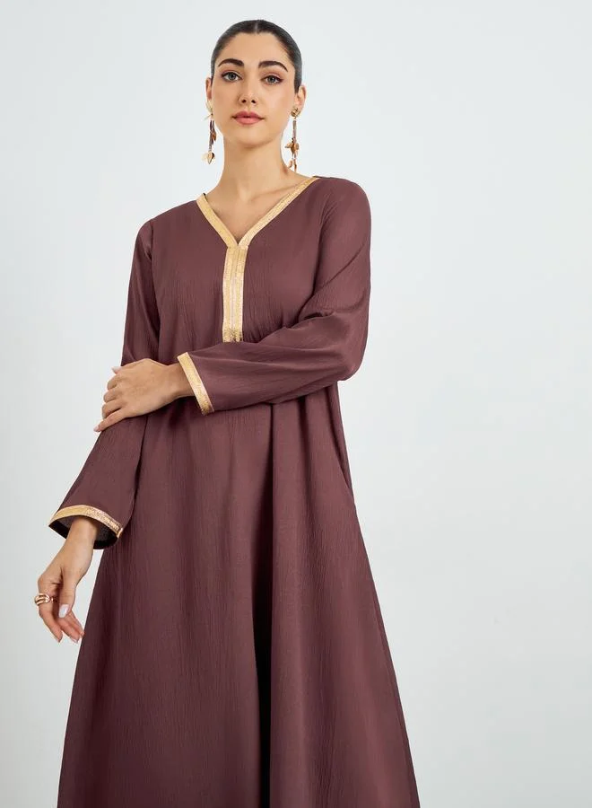Amirah Brown Textured Jalabiya with Lace Trim