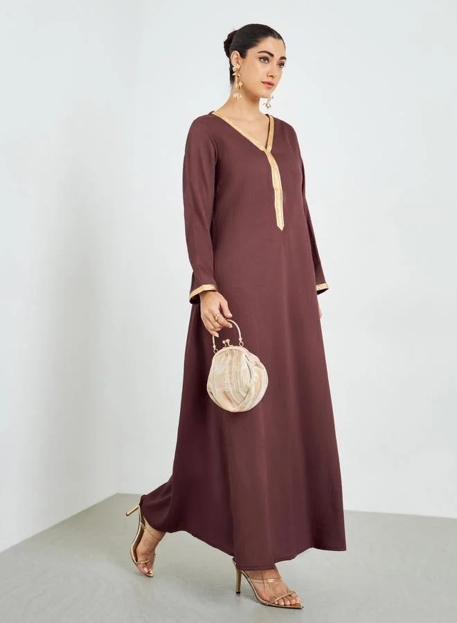 Brown Textured Jalabiya with Lace Trim