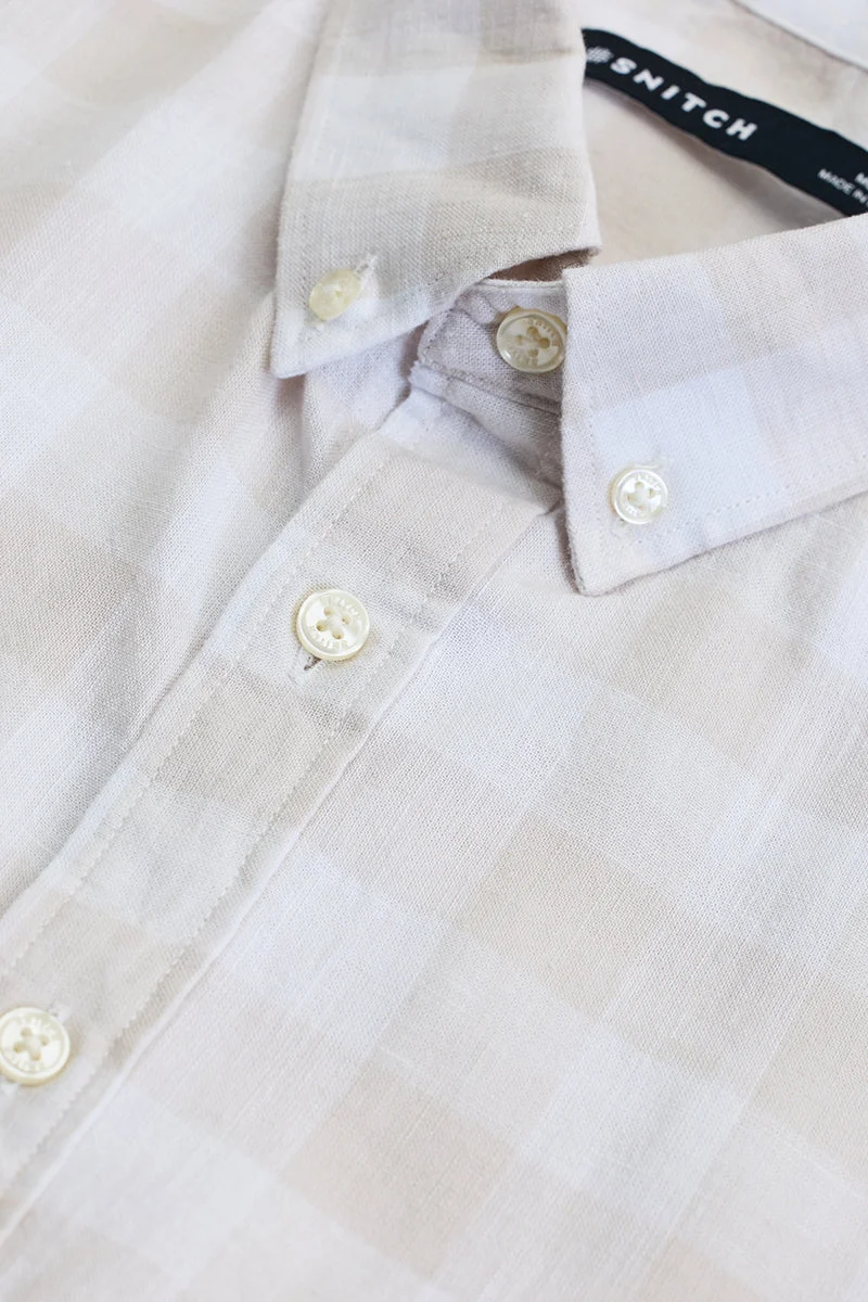 سنيتش Cream Checkered Long Sleeve Slim Fit Casual Shirt