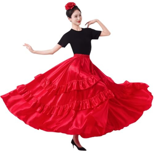 Sancan Double Ruffle Long Full Maxi Skirt for Women Folklorico Practice Mexican Flamenco Classical Dance Performance Costume Red - Image 1