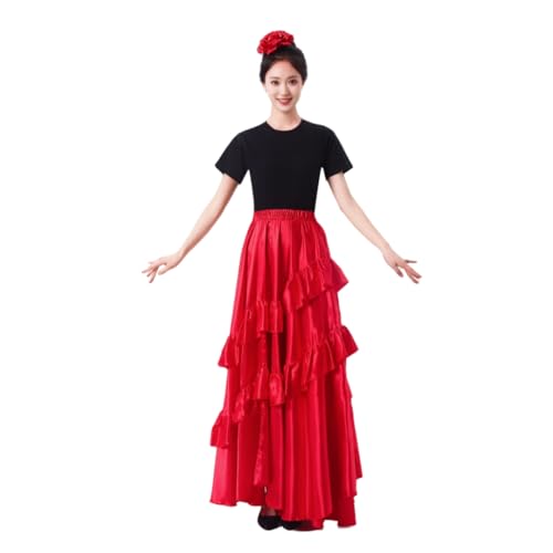 Sancan Double Ruffle Long Full Maxi Skirt for Women Folklorico Practice Mexican Flamenco Classical Dance Performance Costume Red - Image 3