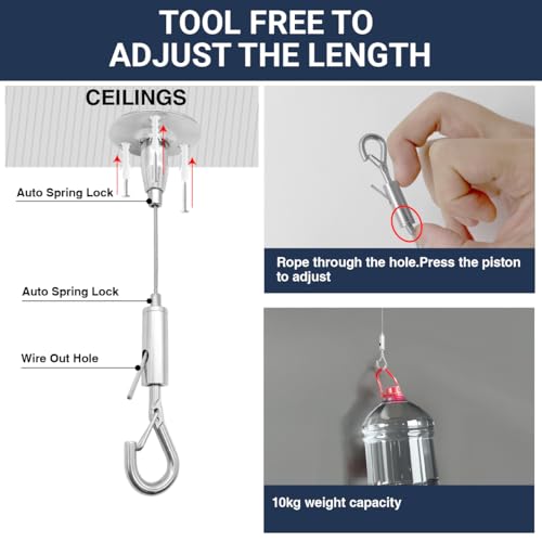 cezelux 4 Pack 6ft Ceiling Sign Hanger Wire Kit 2m Adjustable Suspension Hanging Cable Wire with Hook Wall Mount Suspension Cable for Art Work LED Screen Billboard Lights Mirror Picture Holds Up to 10KG - Image 3