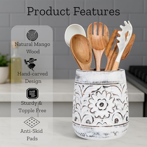 Mie Creations Farmhouse 7 Large Utensil Holder for Kitchen Counter Handcarved Wooden Utensils Crock Decorative Floral Vintage Utensil Holder Shabby Chic Cooking Organizer Distressed White - Image 3