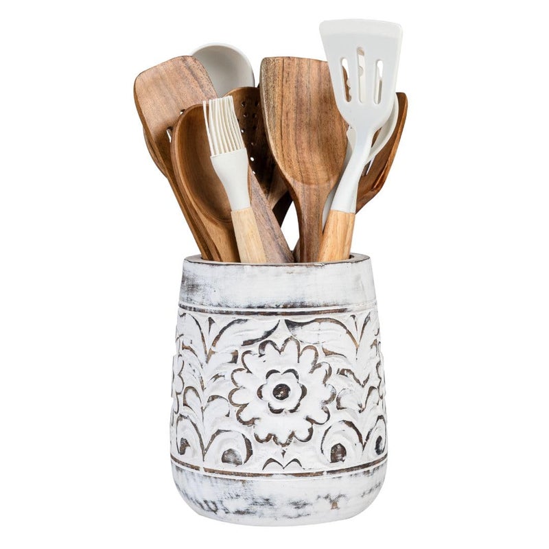 Mie Creations Farmhouse 7 Large Utensil Holder for Kitchen Counter Handcarved Wooden Utensils Crock Decorative Floral Vintage Utensil Holder Shabby Chic Cooking Organizer Distressed White - Image 2