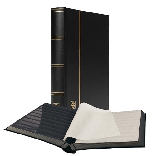 LIGHTHOUSE – “BASIC” Hard Cover Stockbook for Stamps - 64 Black Cardstock A4 Pages with Clear Strips and Double Linen Hinges - Black - Image 1