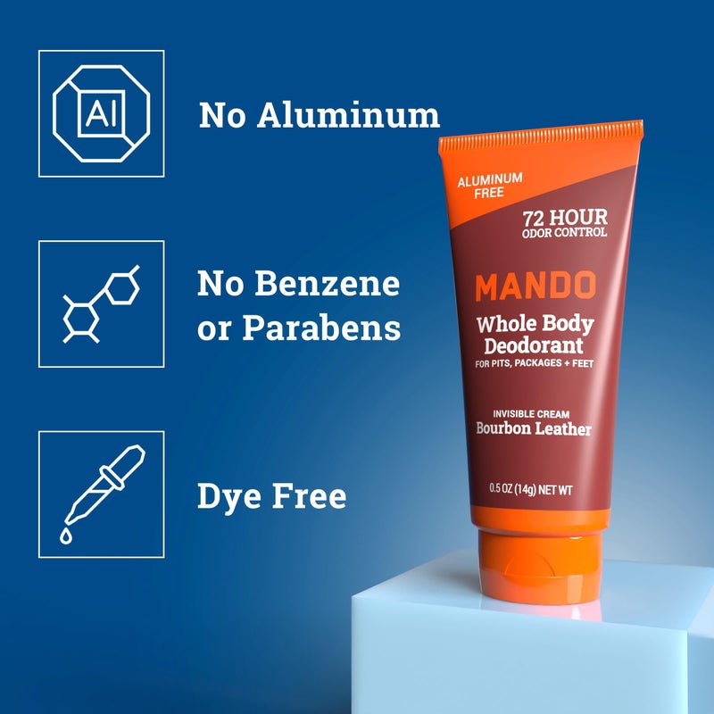 Mando Whole Body Deodorant - Mini Travel Size Invisible Cream Tube - 72 Hour Odor Control - Aluminum and Baking Soda Free, Skin Safe - .5 oz (Pack of 2) (Bourbon Leather) - Image 3
