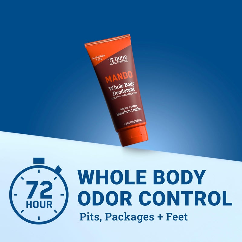Mando Whole Body Deodorant - Mini Travel Size Invisible Cream Tube - 72 Hour Odor Control - Aluminum and Baking Soda Free, Skin Safe - .5 oz (Pack of 2) (Bourbon Leather) - Image 4