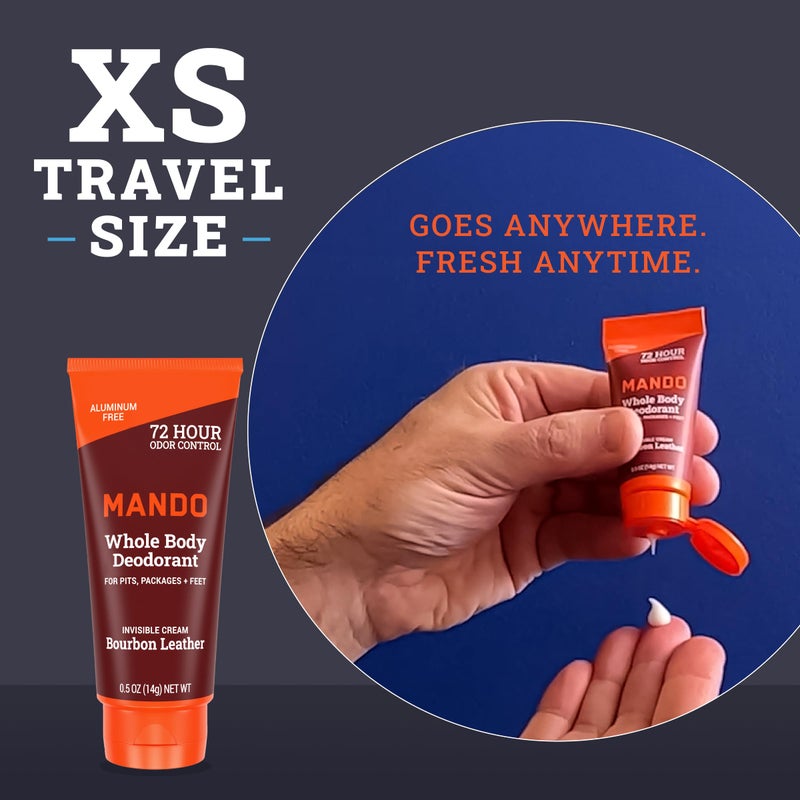 Mando Whole Body Deodorant - Mini Travel Size Invisible Cream Tube - 72 Hour Odor Control - Aluminum and Baking Soda Free, Skin Safe - .5 oz (Pack of 2) (Bourbon Leather) - Image 2