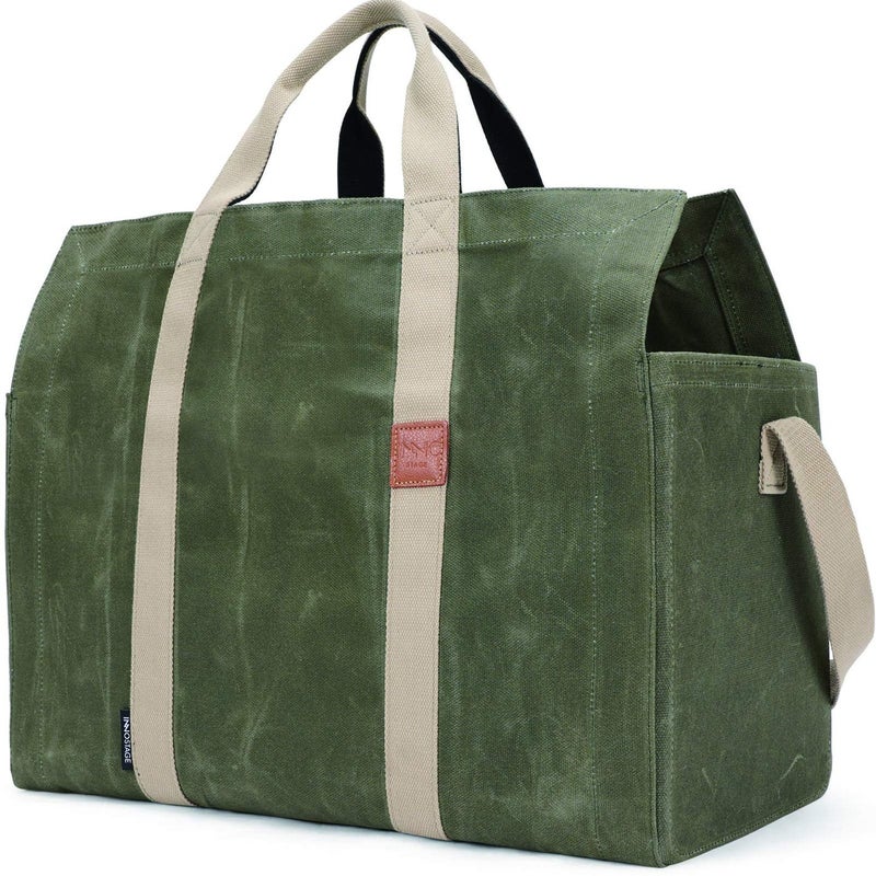 INNO STAGE Free Standing Firewood Log Carrier Tote Bag with Double Straps for Camping or BBQ Barbecue Green
