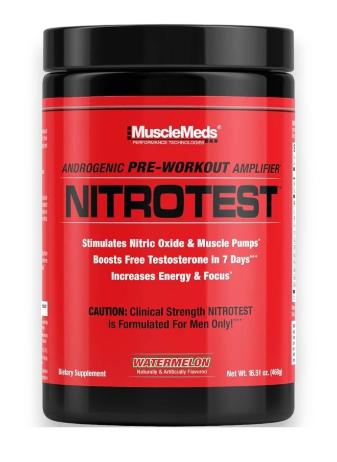 MUSCLEMEDS Nitrotest, Androgenic Pre-Workout Amplifier, Watermelon Flavour, 30 Servings  - Image 1