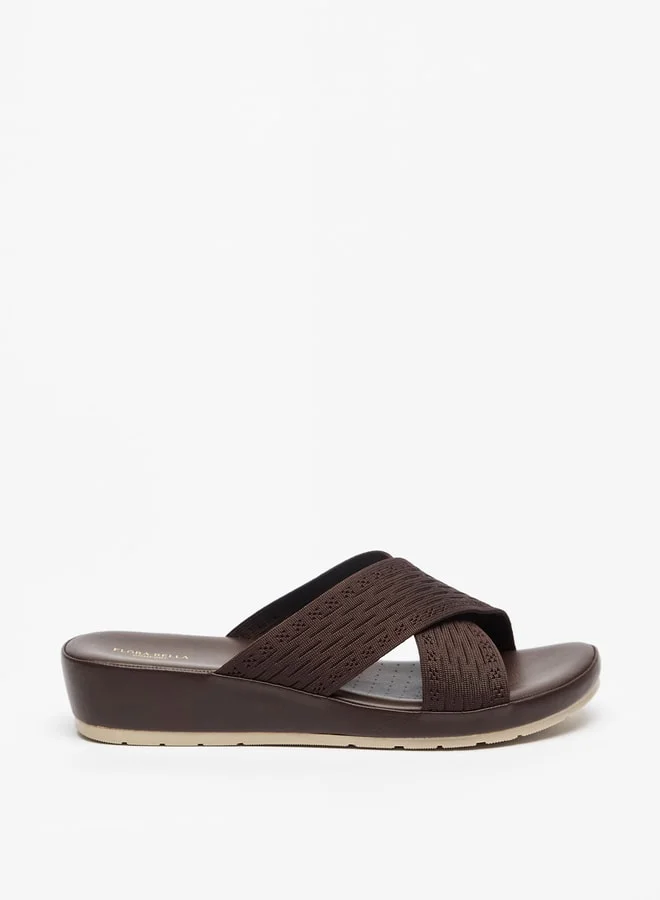 Flora Bella By Shoexpress Textured Slip-On Cross Strap Sandals with Wedge Heels